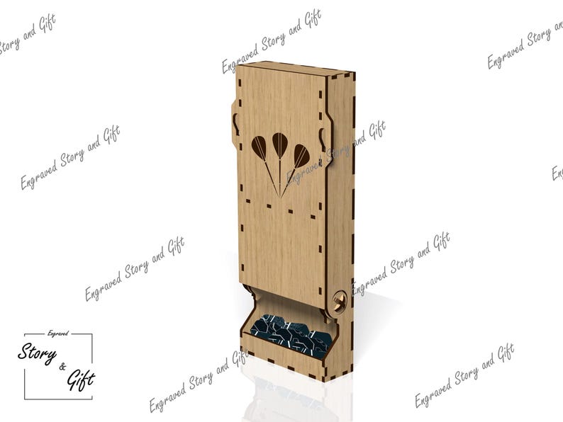 May include: A wooden dart holder with a slot for storing darts. The holder has a cutout design of three darts in the front. The holder is made of light brown wood and has a black plastic dart catcher at the bottom.