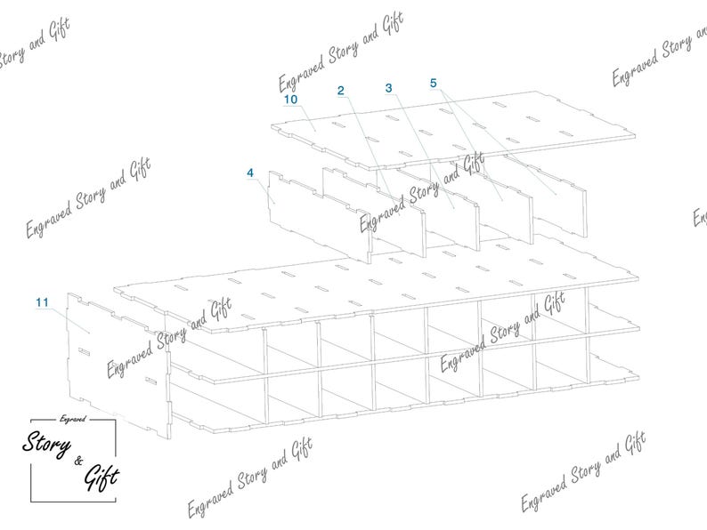 K&ouml;nnte beinhalten: Diagramm, das zeigt, wie man ein Holzregal mit den Worten "Engraved Story and Gift" auf jedem Teil zusammenbaut. Das Regal hat 12 F&auml;cher.