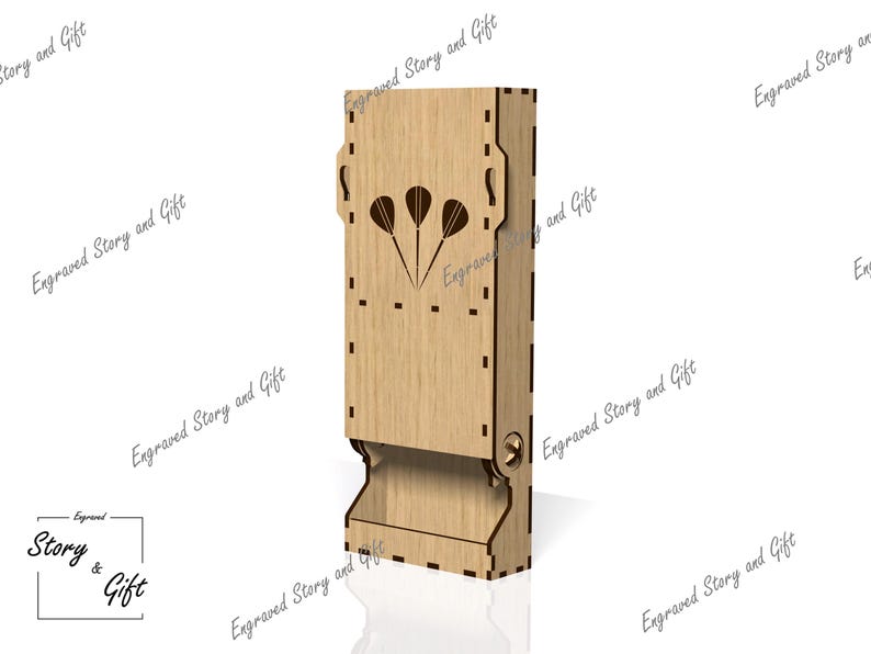 May include: A wooden dart holder with a slot for darts and a cutout design of three darts. The holder is made of light brown wood and has a natural wood finish.