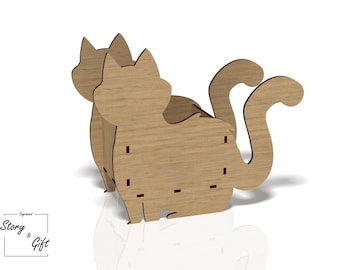 Puede incluir: Organizador de madera con forma de gato con dos gatos apilados uno encima del otro. Los gatos están hechos de madera marrón claro y tienen un diseño simple. El organizador es perfecto para guardar bolígrafos, lápices u otros objetos pequeños.