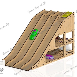 May include: Wooden toy car ramp with three lanes and a storage area. The ramp has a natural wood finish and features three toy cars in green, yellow, and purple. The text "Story & Gift" is visible.
