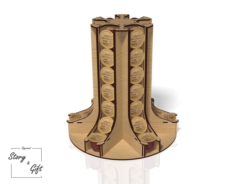 May include: A wooden coffee pod holder with a rotating base. The holder has four compartments, each holding 10 coffee pods. The pods are labelled "Caffeina", and the holder is made of natural wood.