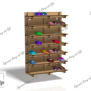 May include: A wooden shelf unit with six shelves for displaying toy cars. The shelves are made of light brown wood and have a slight curve to them. The shelves are mounted on a vertical wooden back panel. The toy cars are in various colours, including red, blue, green, orange, and purple.