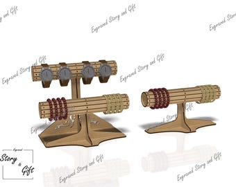 May include: Two wooden display stands for jewelry. The larger stand has four slots for watches and a long rod for bracelets. The smaller stand has a single rod for bracelets. Both stands are made of natural wood and have a simple, elegant design.