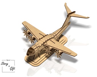 May include: A wooden model airplane with four propellers and a stand. The model is made of light brown wood and has a detailed design. The airplane is on a white background.