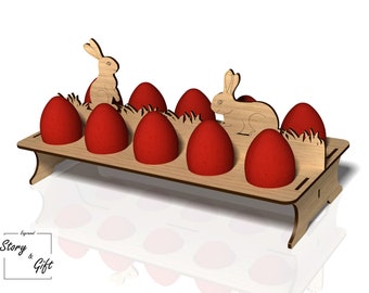 May include: Wooden Easter egg holder with two bunny cutouts. The holder has eight slots for eggs and is painted in a natural wood color. The eggs are red.