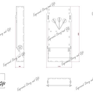 May include: A line drawing of a wooden dartboard with a target and three darts. The dartboard is 11.4 inches wide and 25 inches tall. The drawing includes measurements in inches.