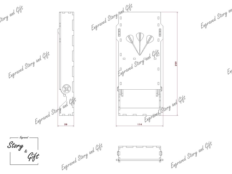 May include: A line drawing of a wooden dartboard with a target and three darts. The dartboard is 11.4 inches wide and 25 inches tall. The drawing includes measurements in inches.