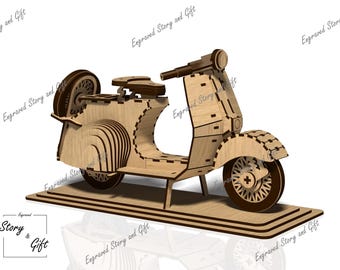 May include: A wooden model of a vintage scooter, with intricate details and a layered design. The scooter is brown and has a black base.