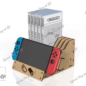 May include: Wooden Nintendo Switch game console and game cartridge holder. The holder is made of light brown wood and has slots for game cartridges and a stand for the console. The console has blue and red controllers. The game cartridges are in white boxes with the Nintendo logo.