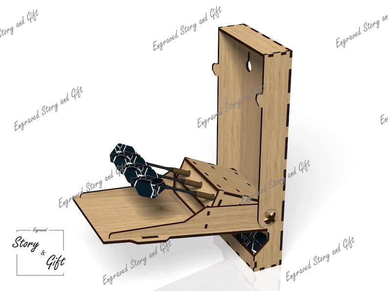 May include: A wooden box with a hinged lid and a compartment for storing darts. The box is open and the darts are visible. The box is made of light brown wood and has a natural finish.