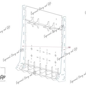 May include: A laser-cut, light-colored wooden display stand with multiple shelves and slots. The stand features the text "Engraved Story and Gift" and is designed to hold various items. The design is a detailed, technical drawing.