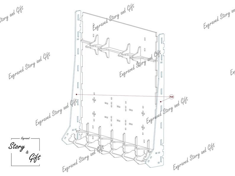 May include: A laser-cut, light-colored wooden display stand with multiple shelves and slots. The stand features the text "Engraved Story and Gift" and is designed to hold various items. The design is a detailed, technical drawing.