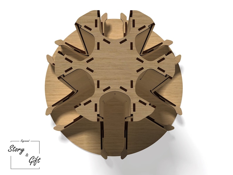 May include: Top view of a wooden, circular, multi-tiered stand with a starburst design. The stand has six tiers and is made of light brown wood.