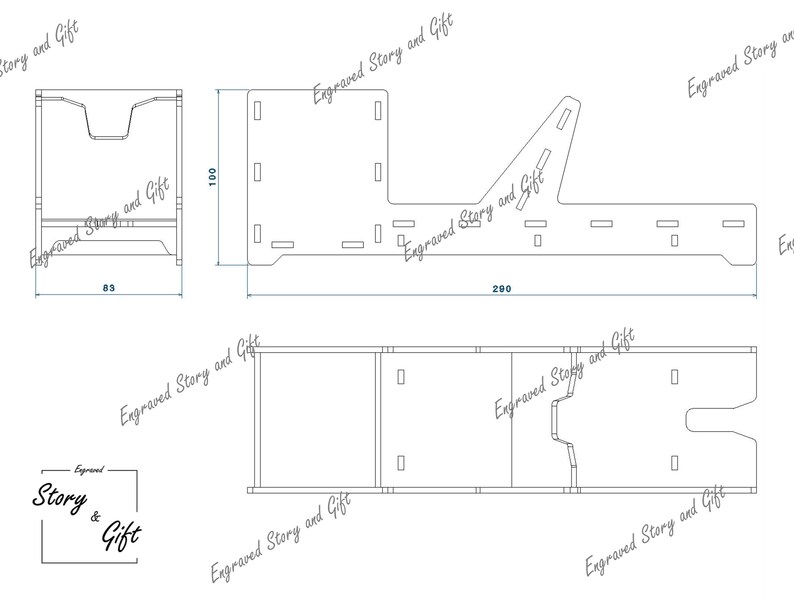K&ouml;nnte beinhalten: Linienzeichnung eines Holzregals mit in Zoll angegebenen Ma&szlig;en. Das Regal ist f&uuml;r die Aufbewahrung mehrerer Gegenst&auml;nde wie Flaschen oder Gl&auml;ser konzipiert. Das Design umfasst ein oberes Regal, ein unteres Regal und eine R&uuml;ckwand. Der Text "Engraved Story and Gift" erscheint mehrmals auf der Zeichnung.