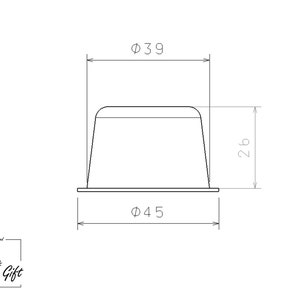 May include: Line drawing of a coffee pod with dimensions: 3.9 inches in diameter and 2.6 inches in height. The pod has a flat bottom and a rounded top. The pod is 4.5 inches in diameter at the base.