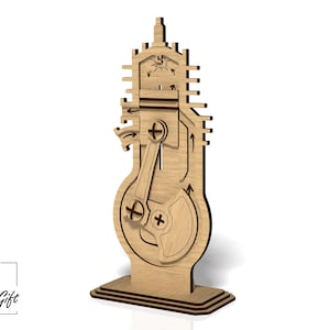 May include: A wooden model of a steam engine with a detailed cutaway view of the internal workings. The model is made of light brown wood and features a crank, connecting rod, and piston. The model is mounted on a wooden base.