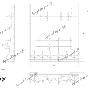 May include: A detailed diagram of a wooden wine rack, featuring multiple shelves and bottle holders. The design includes dimensions of 306 mm wide and 357 mm high. The words "Engraved Story and Gift" are repeated throughout the image.