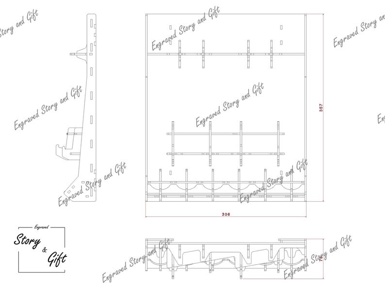 May include: A detailed diagram of a wooden wine rack, featuring multiple shelves and bottle holders. The design includes dimensions of 306 mm wide and 357 mm high. The words "Engraved Story and Gift" are repeated throughout the image.