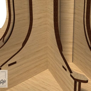 May include: Close-up of a wooden corner of a multi-tiered display stand. The stand is made of light brown wood with dark brown edges. The stand has a unique design with curved edges and multiple levels.