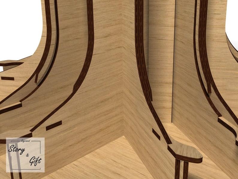 May include: Close-up of a wooden corner of a multi-tiered display stand. The stand is made of light brown wood with dark brown edges. The stand has a unique design with curved edges and multiple levels.