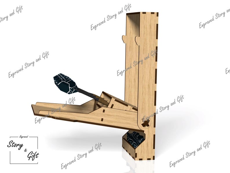 May include: A wooden dice tower with a hinged door that opens to reveal a compartment for dice. The tower is made of light brown wood and has a dark brown stain. The tower is designed to hold dice and allow them to be rolled out of the top.