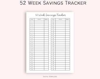 52 Week Savings Tracker, Financial Planner, Money Savings Goal, Print At Home Savings Log, Digital Download