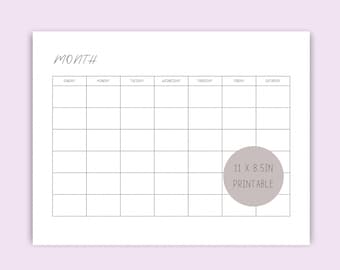 Blank Monthly Calendar Template, Minimalist Design, Printable Calendar Template, Desk Calendar, Wall Calendar, Digital Download, 11 x 8.5