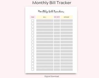 Monthly Bill tracker, Bill Payment Checklist, Printable Bill Payment organizer, Utility Payment Tracker, Bill Management