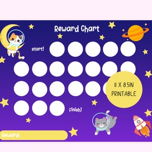 May include: A printable 11 x 8.5 inch reward chart with a space theme. The chart features a purple background with stars, planets, and cartoon astronaut cats. The chart has spaces for rewards and the text "Reward Chart".