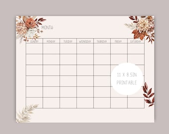 Printable Autumn Calendar, Blank Monthly Calendar, Cute Monthly Calendar, Instant Download, Digital download Template, PDF Printable