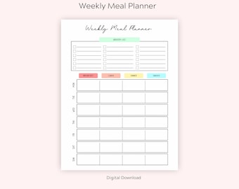 Weekly Meal Planner Printable, Grocery List, Meal Tracker, Weekly Organizer, Digital Download