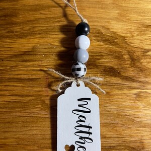 Stocking tag, Stocking personalization, Black and white stocking, Christmas Stocking, Stocking Hanger, Stocking name hanger, wood beads