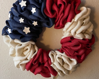 Burlap, burlap wreath, American flag, flag wreath, red white and blue decor, red white and blue wreath, stars decor, flag decor, burlap flag