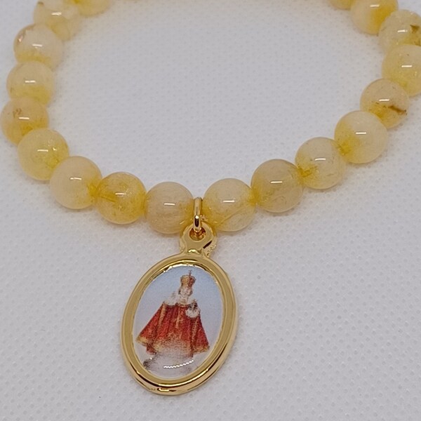 Infant of Prague Medal | Citrine Beads | Stretch Bracelet | Catholic
