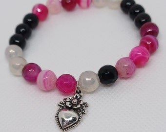 Sacred Heart Medal | Fuchsia Banded Agate Beads | Black Onyx Beads | Rainbow Chalcedony Beads | Stretch Bracelet | Catholic