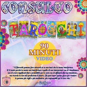 Può includere: Una grafica colorata con la parola "CONSULTO" in alto e "TAROCCHI" in grandi lettere sotto. L'immagine include carte dei tarocchi, il testo "90 MINUTI VIDEO" e una citazione di Osho. Il tema generale è legato alle letture dei tarocchi.