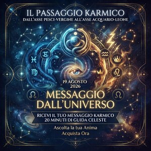 Può includere: Un grafico quadrato a tema cosmico con il testo IL PASSAGGIO KARMICO, DALL'ASSE PESCI-VERGINE ALL'ASSE ACQUARIO-LEONE, 19 AGOSTO 2026, MESSAGGIO DALL'UNIVERSO, RICEVI IL TUO MESSAGGIO KARMICO 20 MINUTI DI GUIDA CELESTE, Ascolta la tua Anima, Acquis
