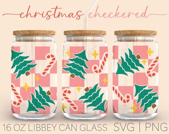 Christmas Checkered • 16oz Glass Can Cutfile, Pine Tree Svg, Checkered Svg, Christmas Can Glass, Libbey Glass Can Wrap, Digital Download