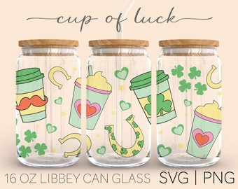 Cup Of Luck • 16 Oz Glass Can Cut File, St Patricks Coffee Cup, Lucky Svg, Clover Leaf Svg, Clover Svg, Svg Png Files Digital Download