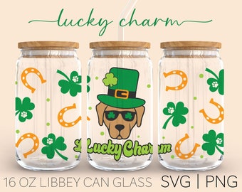 Lucky Charm • 16 Oz Glass Can Cut File, St Patrick's Day Svg, Dog Mom Svg, st patrick's day dog, Svg Wrap Files For Cricut
