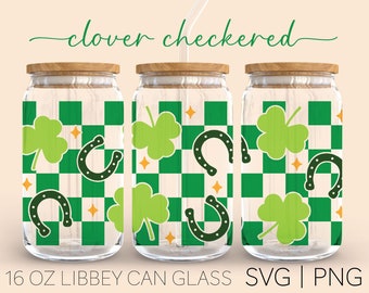 Clover Checkered • 16 Oz Glass Can Cut File, St Patrick's Day Svg, Clover Leaf Svg, Checkered Svg, Svg Wrap Files For Cricut