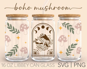 Boho Mushroom • 16 Oz Glass Can Cut File, Mushroom Svg, Magic Svg, Celestial Svg, Magic Mushroom Svg, Svg File For Cricut