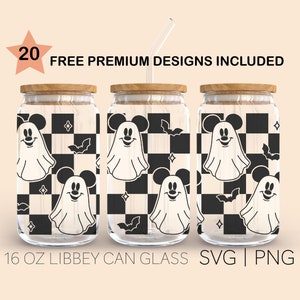 Ghost Mouse Svg, 16 Oz Libbey Glass Svg, Halloween Mouse Ears Glass Wrap Svg, Checkered Svg, Svg For Cricut, Digital Download