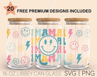 Retro Mama, 16 Oz Libbey Glass Svg, Retro Mama Svg, Mama Retro Smiley Svg, Floral Mama Bolt Svg, Groovy, Mother's Day Svg, Digital Download