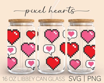 Pixel Hearts • 16 Oz Glass Can Cut File, Pixel Heart Svg, Heart Svg, Valentine's Day, Libbey Wrap, Svg Files For Cricut, Digital Download