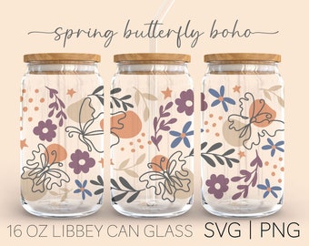Frühling Schmetterling Boho • 16 Oz Glas Dose Plotterdatei, Flower Libbey Svg, Floral Can Glass Svg, Schmetterling Libbey Wrap