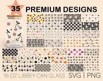 35 Halloween Can Glass Bundle Set, 16 Oz Libbey Glass Svg, Halloween Glass Wrap Svg, Checkered Svg, Svg For Cricut, Digital Download