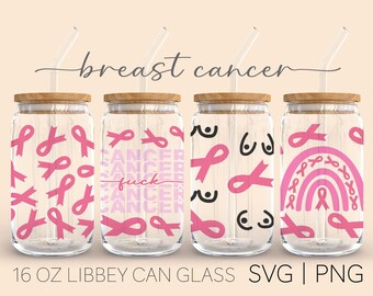 Breast Cancer 4 Designs • 16oz Glass Can Cutfile, Glass Can Full Wrap Svg, Pink Ribbon Svg, Awareness Svg, Shaped Beer, Cricut Files