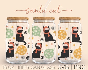 Santa Cat • Archivo de corte de lata de vidrio de 16 oz, Navidad gato svg, copo de nieve svg, santa gato svg, archivos svg para cricut, descarga digital